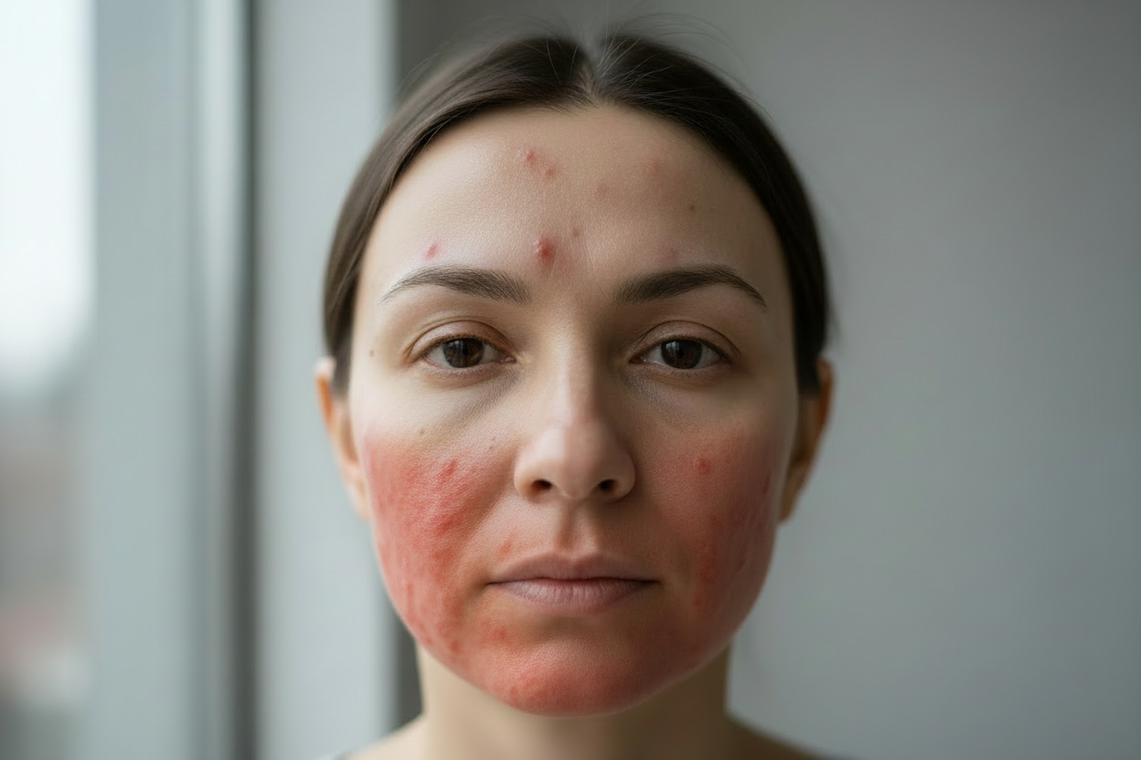 Face with realistic red allergy rashes and acne on cheeks
